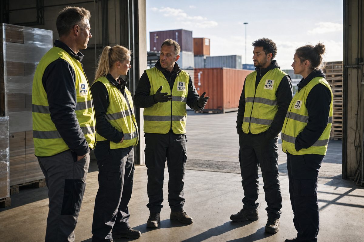 Fem MTEK-medarbejdere i refleksveste holder briefing på en læsserampe.