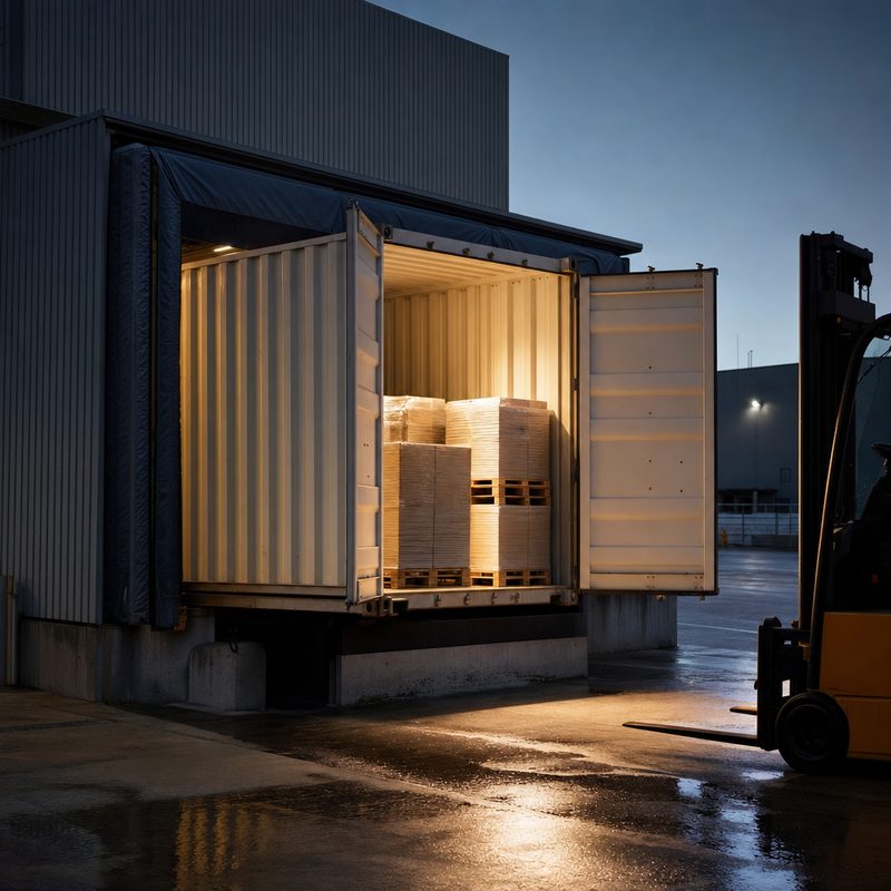 Åben container ved en læsserampe i skumringen, oplyst indefra.