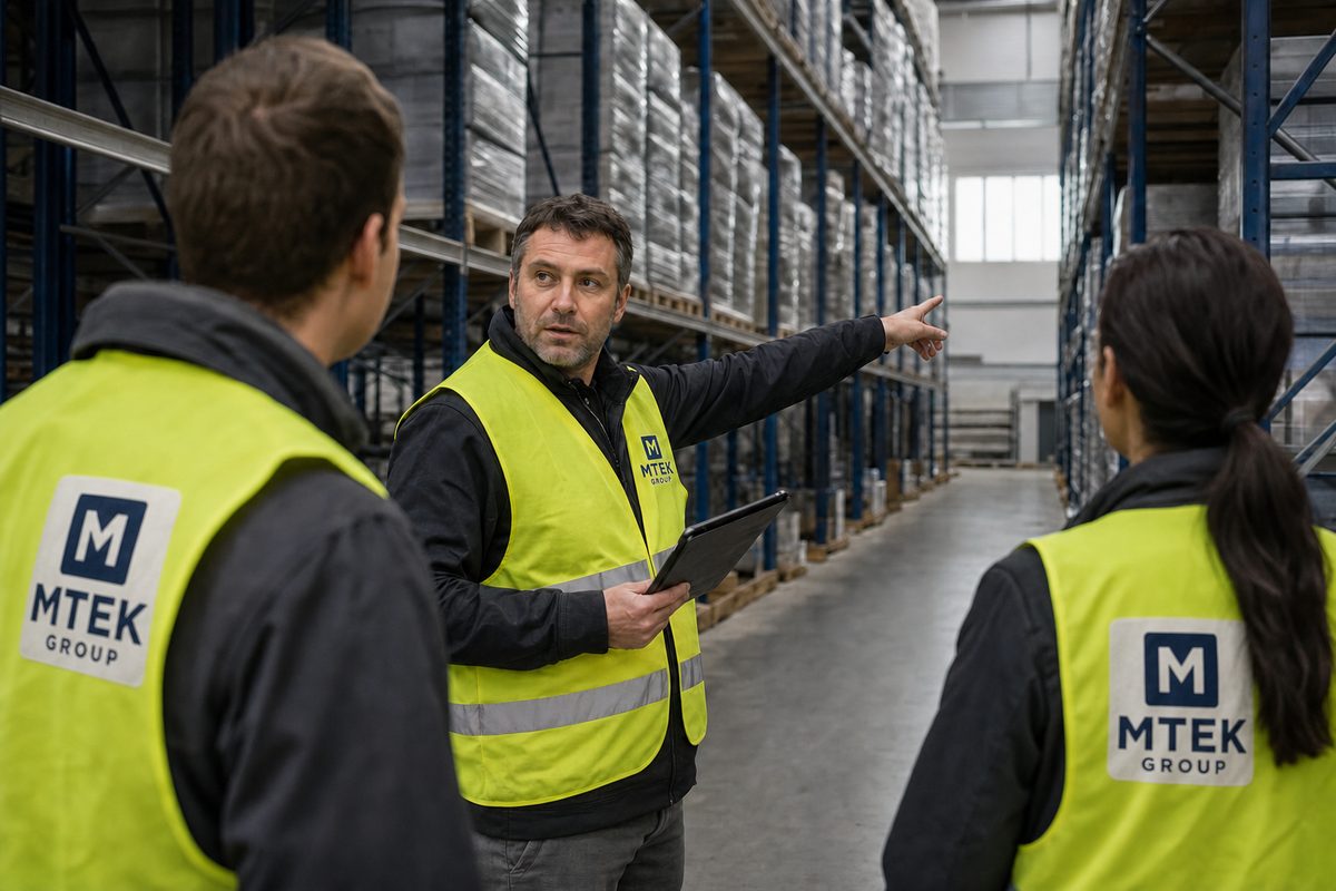 MTEK-teamlead instruerer to kolleger i en lagergang mellem høje pallereoler.